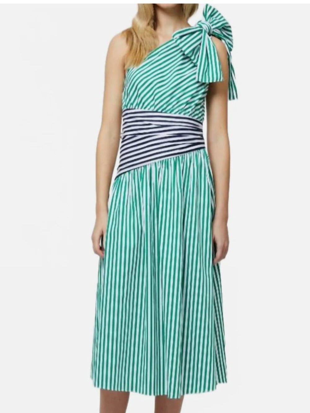 French Connection Alexis Cotton One-Shoulder Striped Dress Size 10 - Picture 2 of 8